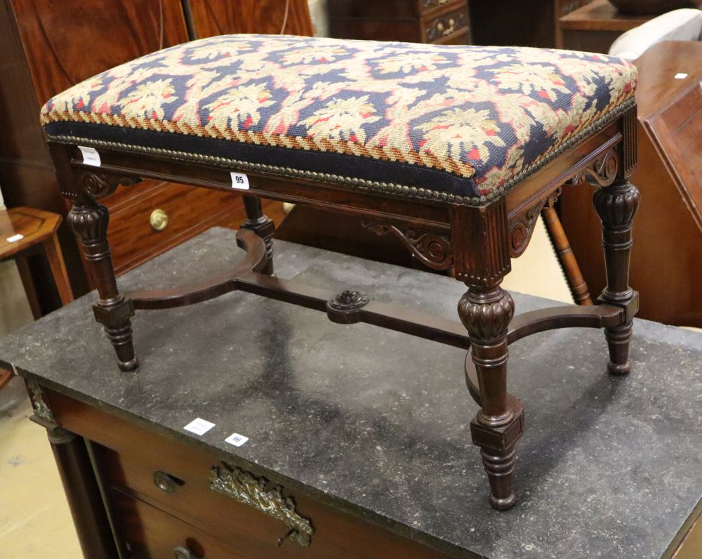 An Edwardian rosewood tapestry topped piano stool, W.84cm